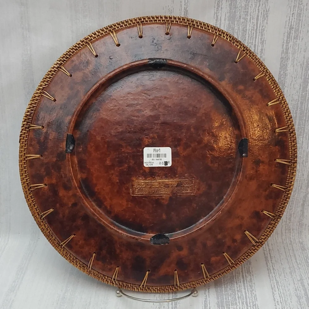 Pier 1 Imports Brown Tortoise Design 14” Wicker Border Catchall Bowl